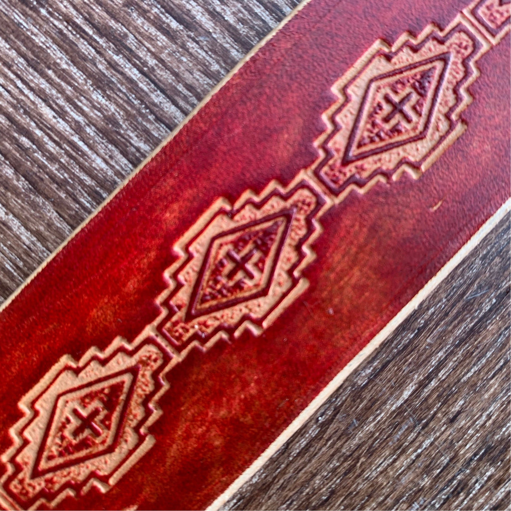 Wide leather dog collar, red with tribal design, everyday collar.