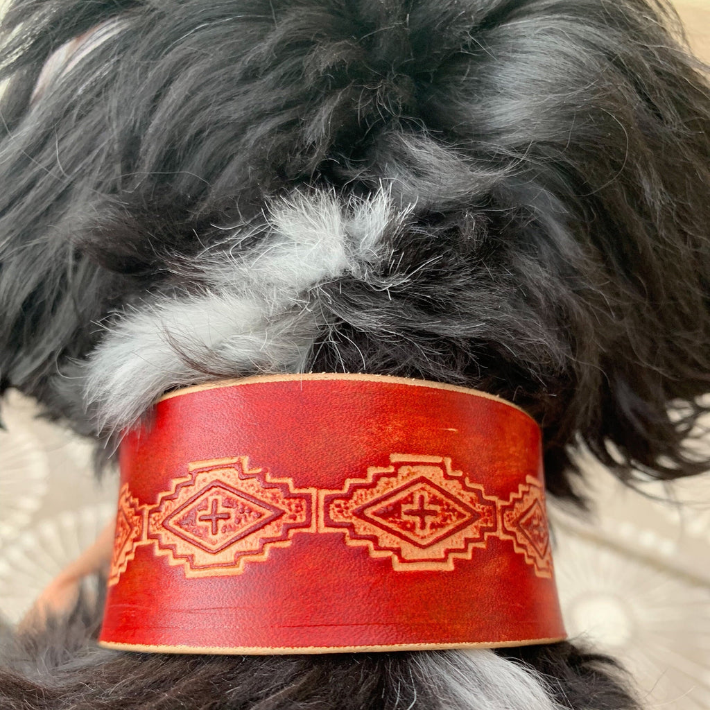 Wide leather dog collar, red with tribal design, everyday collar.