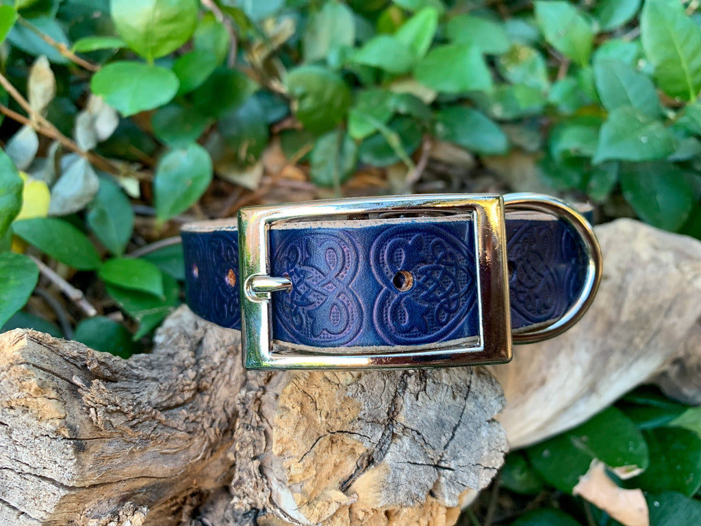 Teal Leather Dog Collar Embossed With Celtic Hearts