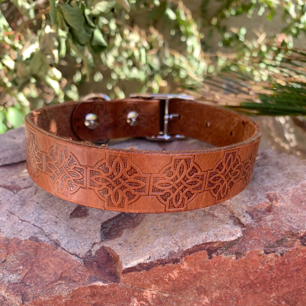 Brown leather collar with Celtic knots.