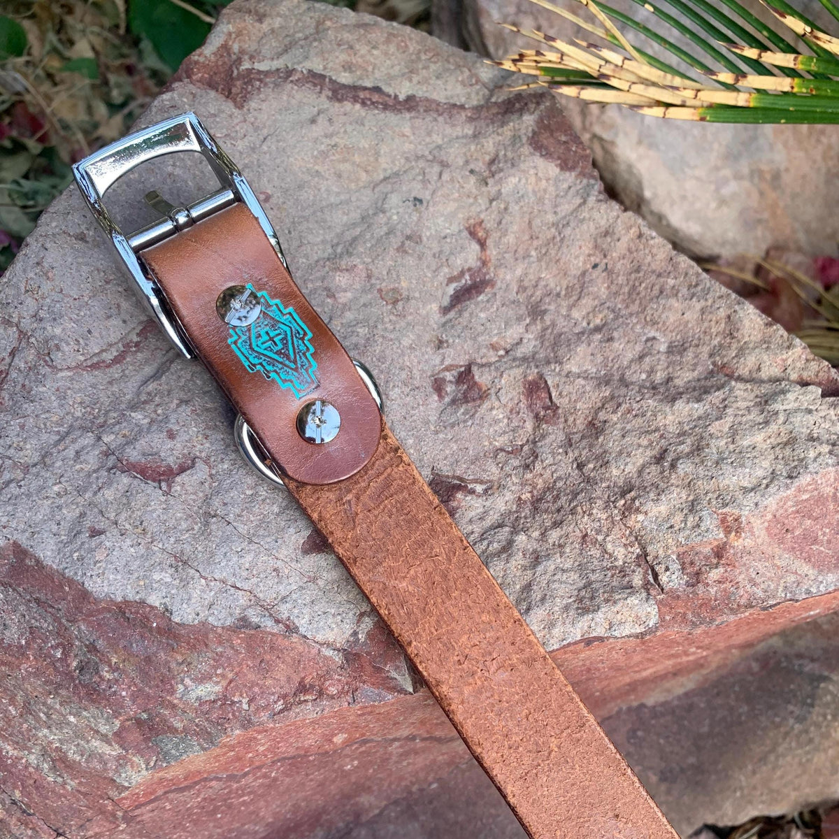 Western style dog collar featuring brown and teal diamond design.