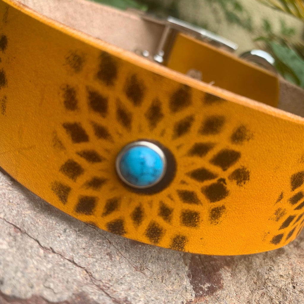 Yellow Leather Dog Collar: Southwestern Style with Turquoise Stones