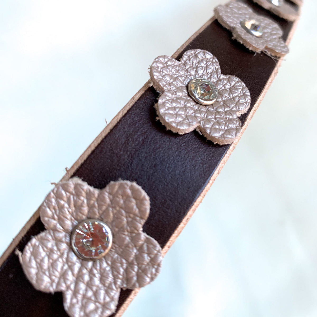 A close-up of a dark brown leather dog collar featuring decorative light pink textured flower appliqués with clear rhinestone centers, set against a bright white background.