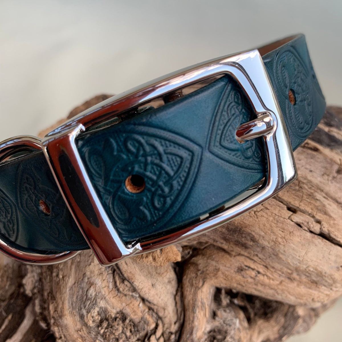 Teal Leather Dog Collar Embossed With Celtic Hearts