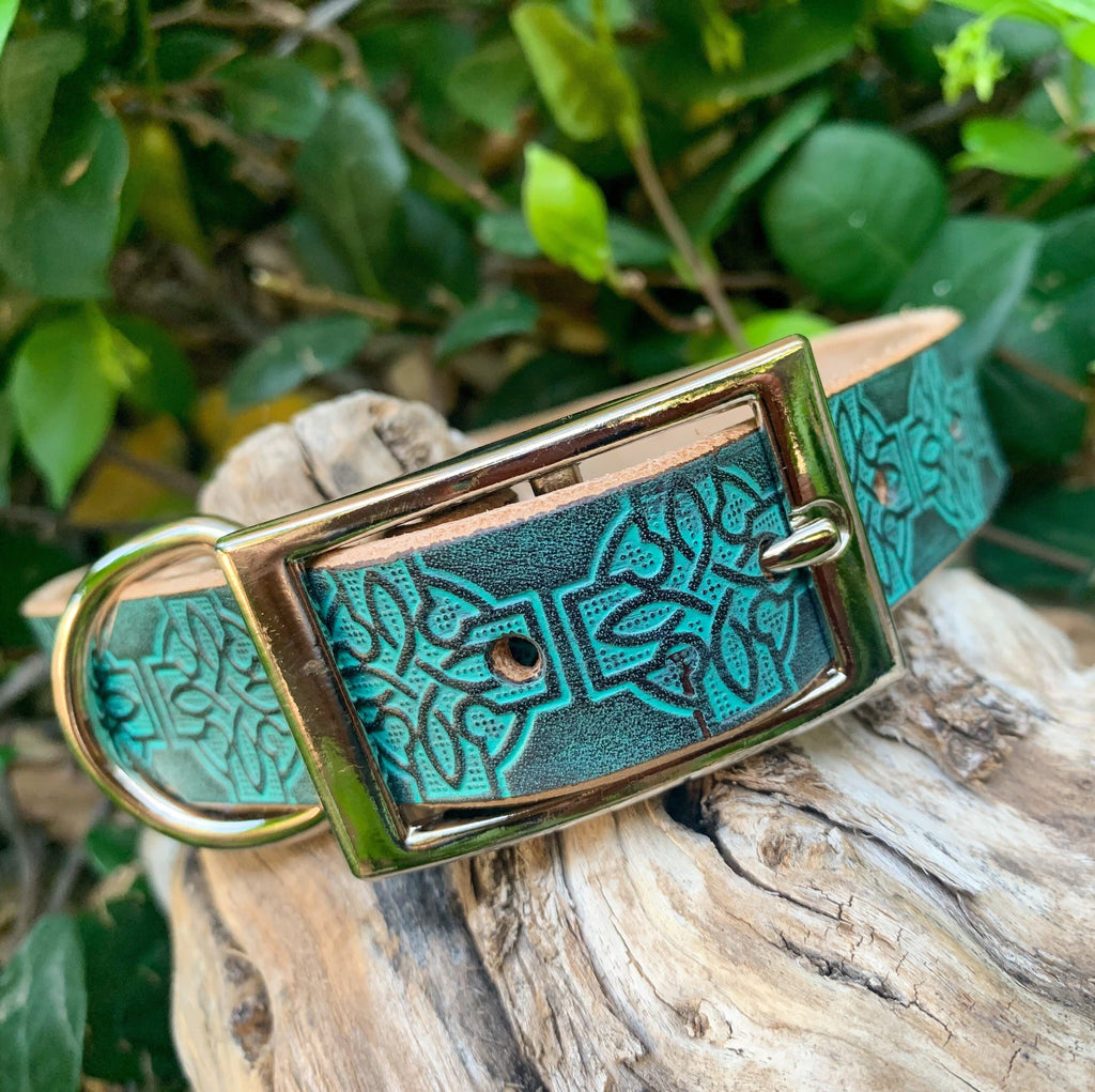 A turquoise leather dog collar with embossed Celtic knot patterns and a brass buckle, resting on a piece of weathered wood with green foliage in the background.