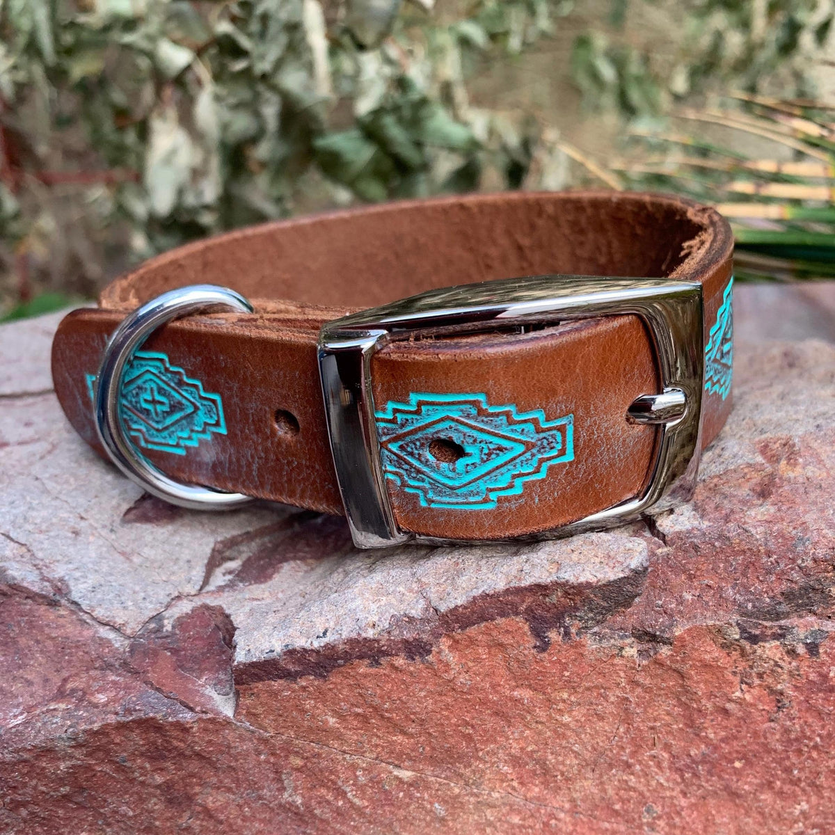 Western style dog collar featuring brown and teal diamond design.