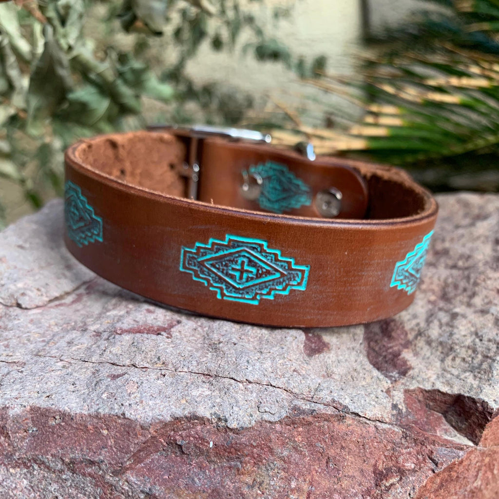 Western style dog collar featuring brown and teal diamond design.