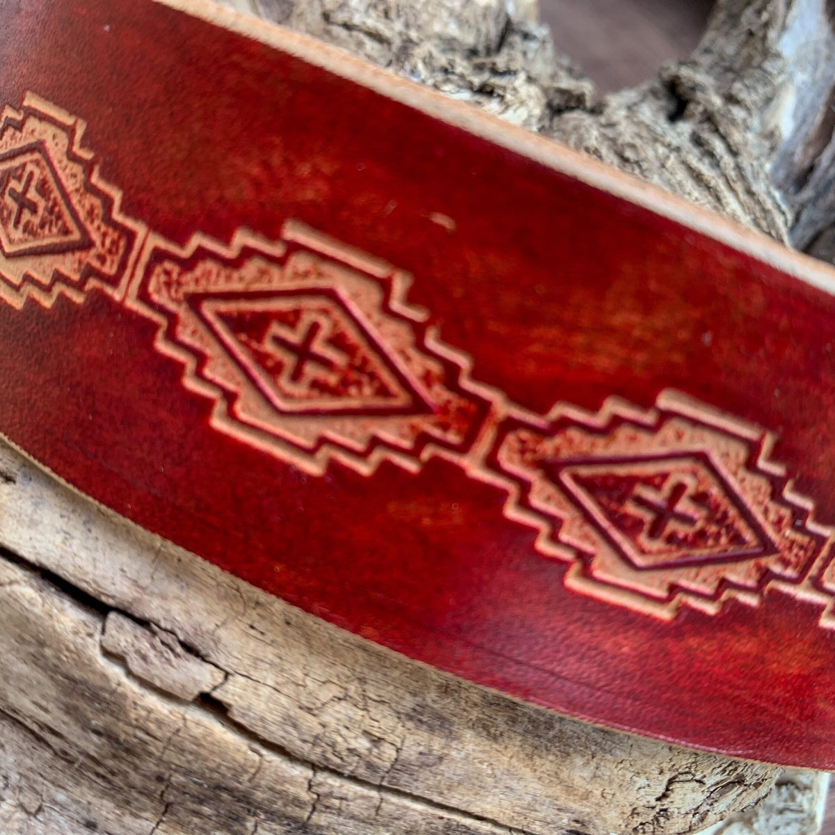 Wide leather dog collar, red with tribal design, everyday collar.