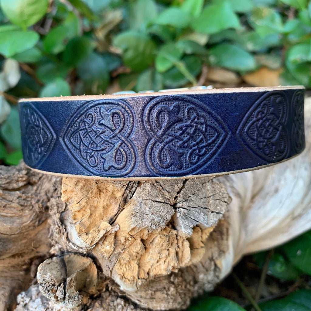 Teal Leather Dog Collar Embossed With Celtic Hearts