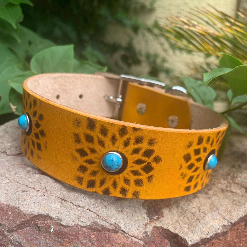 Yellow Leather Dog Collar: Southwestern Style with Turquoise Stones