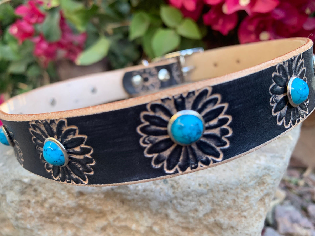 Black Leather Dog Collar: Daisies and Turquoise Stone Rivets