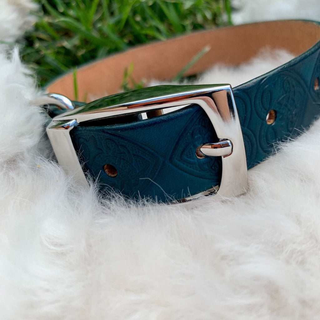 Teal Leather Dog Collar Embossed With Celtic Hearts