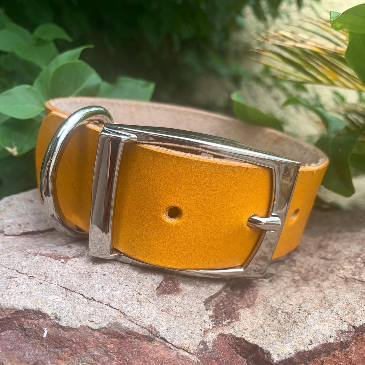 Yellow Leather Dog Collar: Southwestern Style with Turquoise Stones