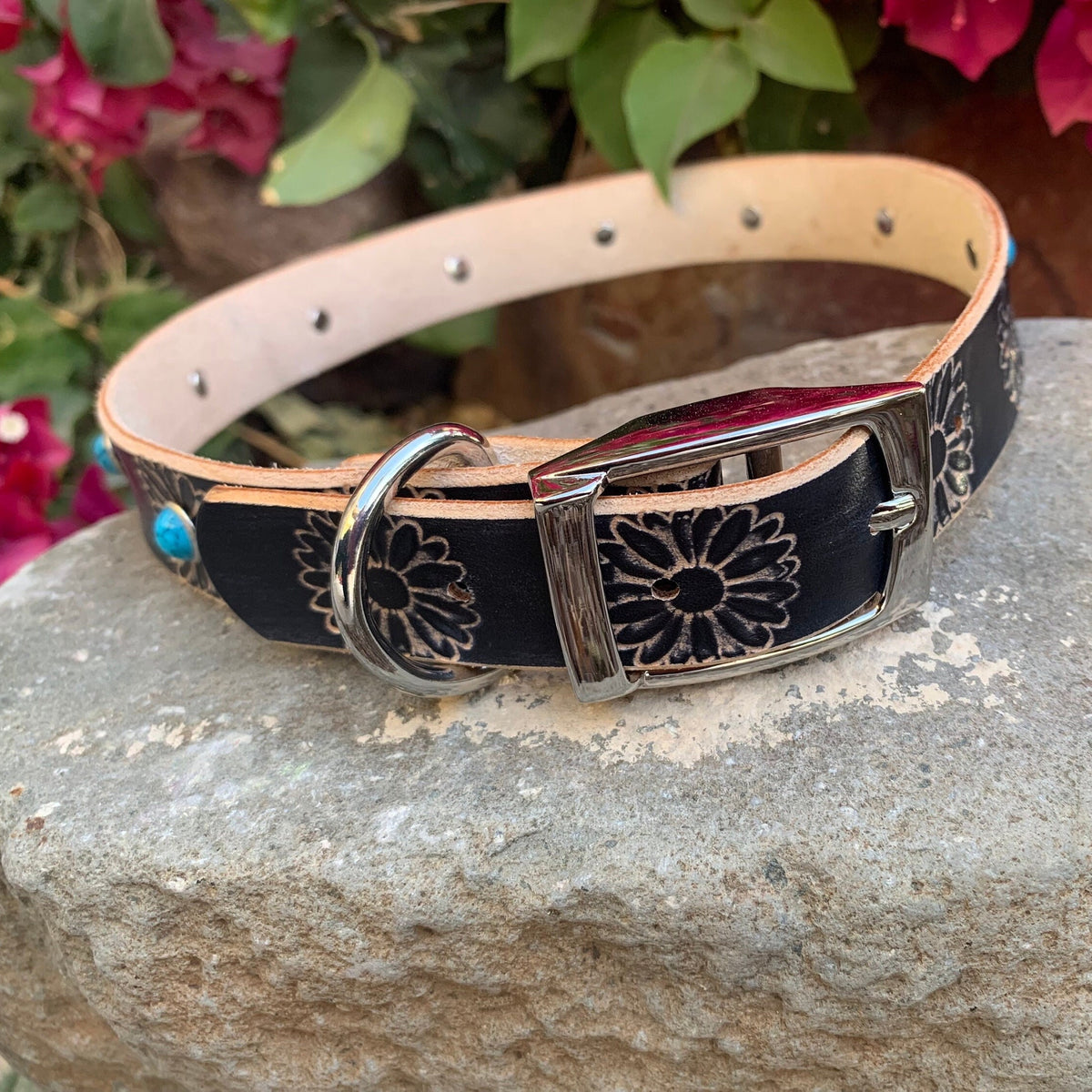 Black Leather Dog Collar: Daisies and Turquoise Stone Rivets