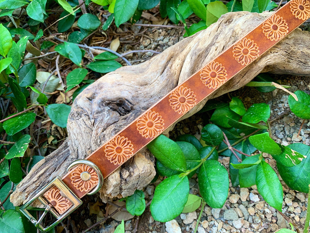 Floral leather dog collar: handmade collar with studs