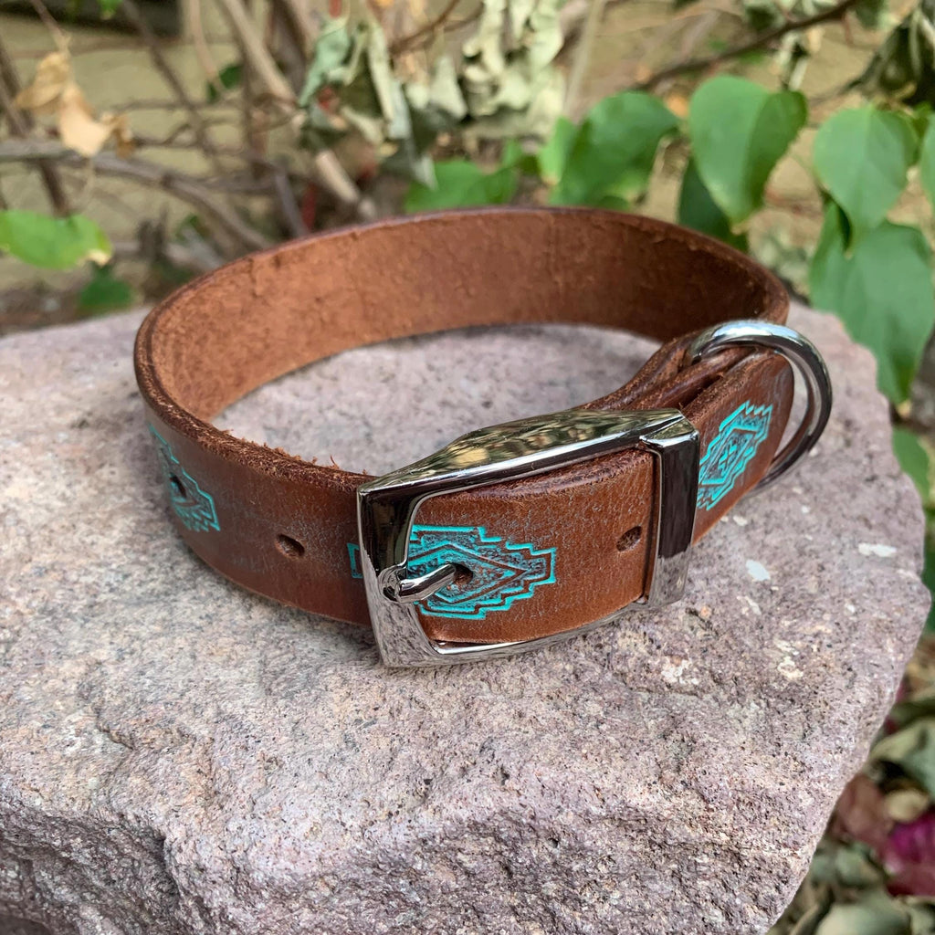 Western style dog collar featuring brown and teal diamond design.