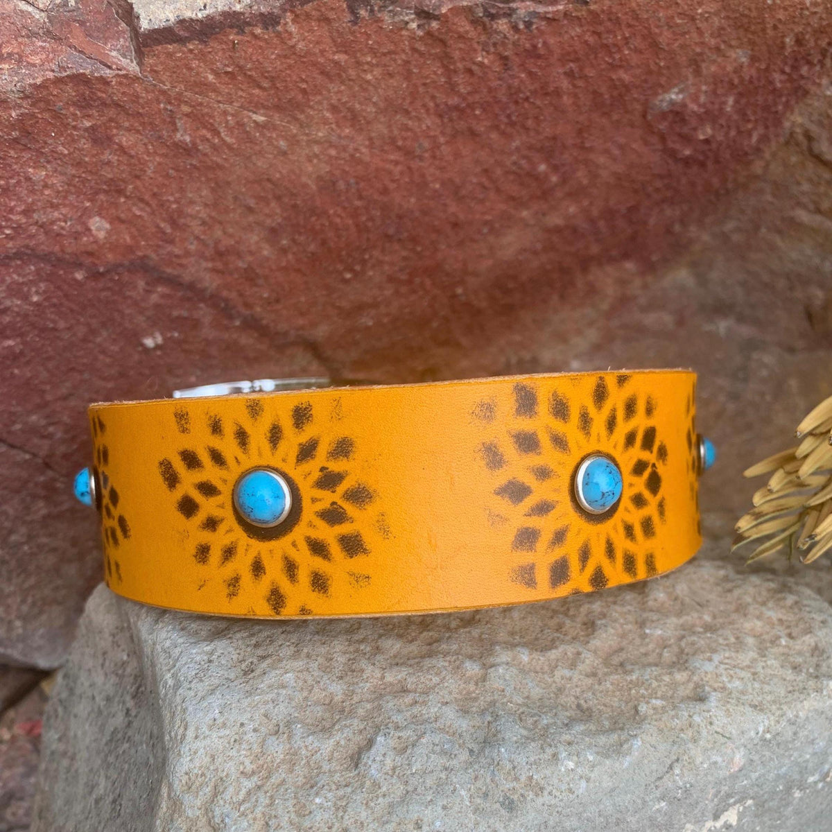 Yellow Leather Dog Collar: Southwestern Style with Turquoise Stones