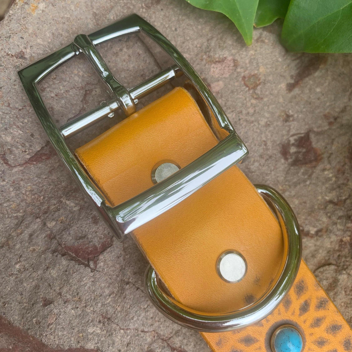 Yellow Leather Dog Collar: Southwestern Style with Turquoise Stones