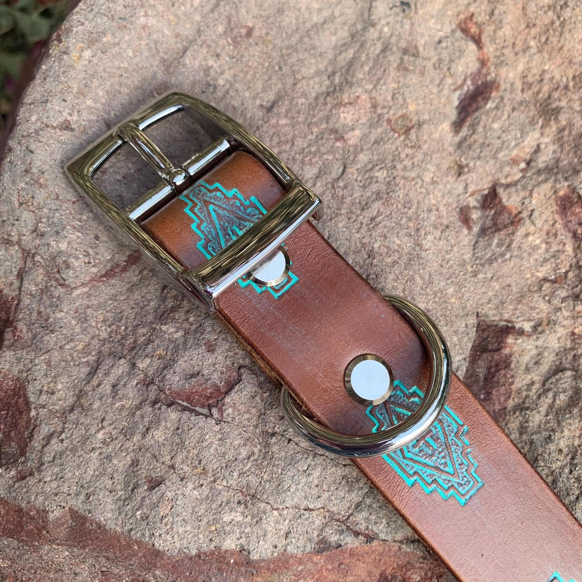 Western style dog collar featuring brown and teal diamond design.