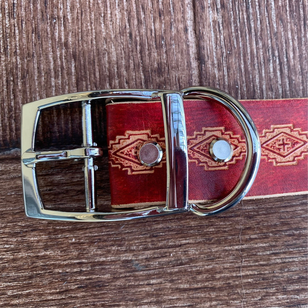 Wide leather dog collar, red with tribal design, everyday collar.