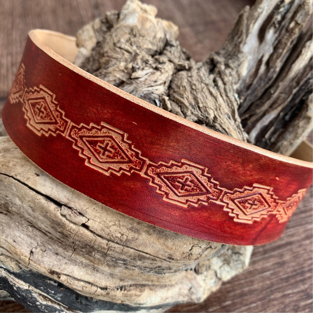 Wide leather dog collar, red with tribal design, everyday collar.