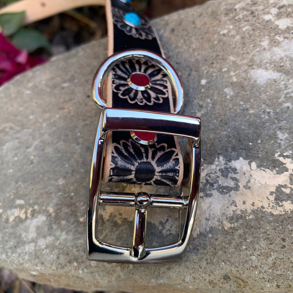 Black Leather Dog Collar: Daisies and Turquoise Stone Rivets