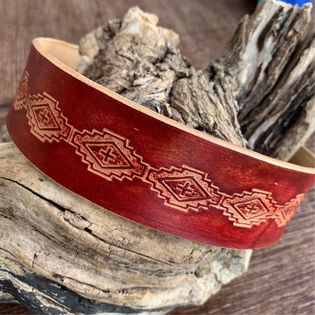 Wide leather dog collar, red with tribal design, everyday collar.