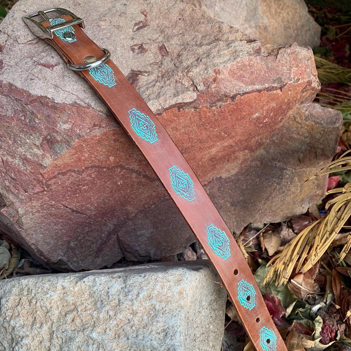 Western style dog collar featuring brown and teal diamond design.