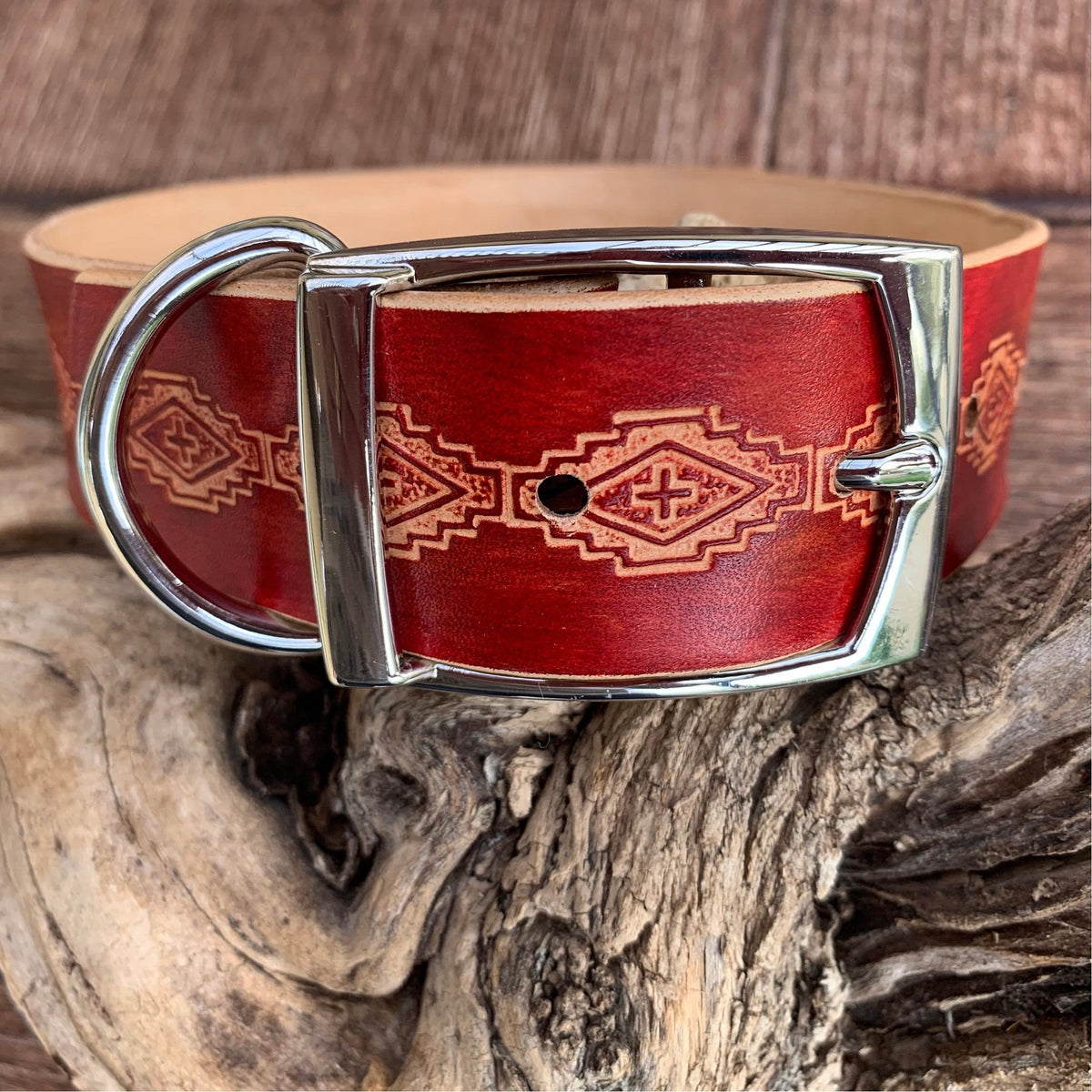 Wide leather dog collar, red with tribal design, everyday collar.