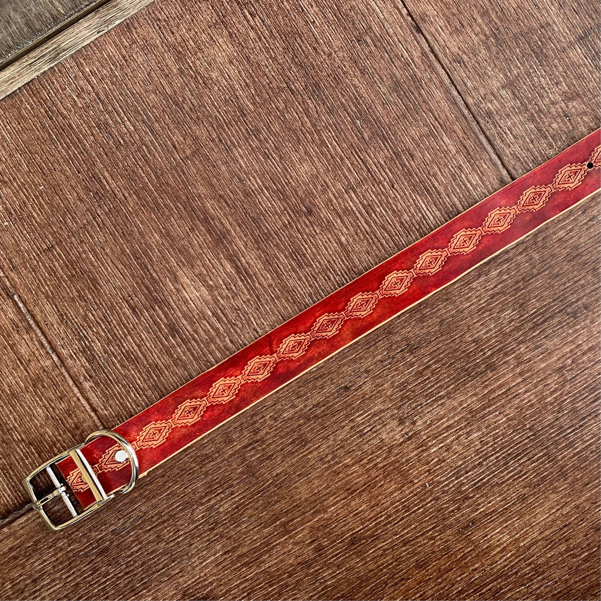 Wide leather dog collar, red with tribal design, everyday collar.