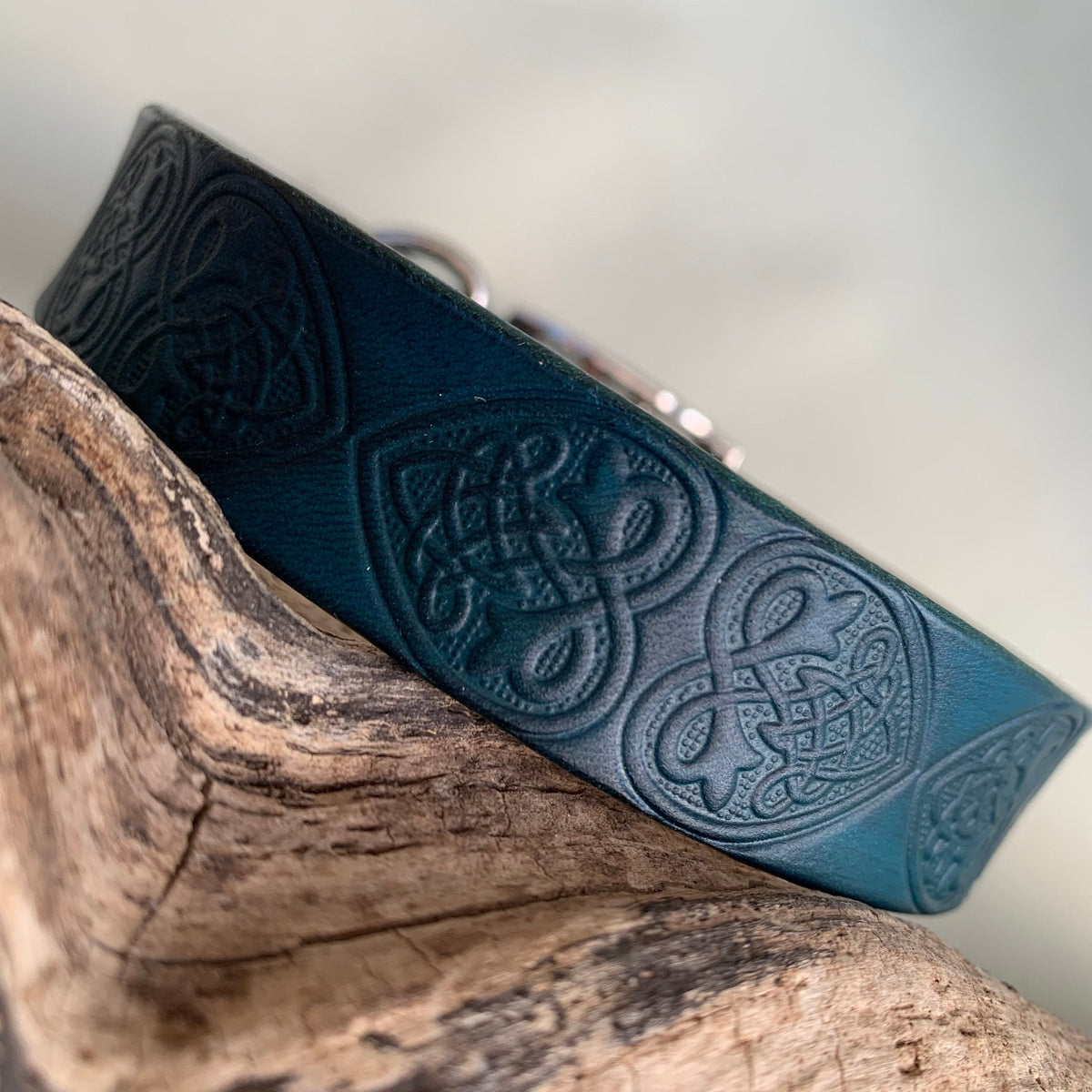 Teal Leather Dog Collar Embossed With Celtic Hearts