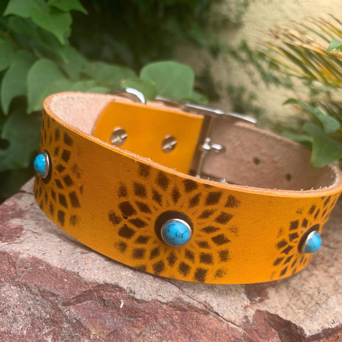 Yellow Leather Dog Collar: Southwestern Style with Turquoise Stones