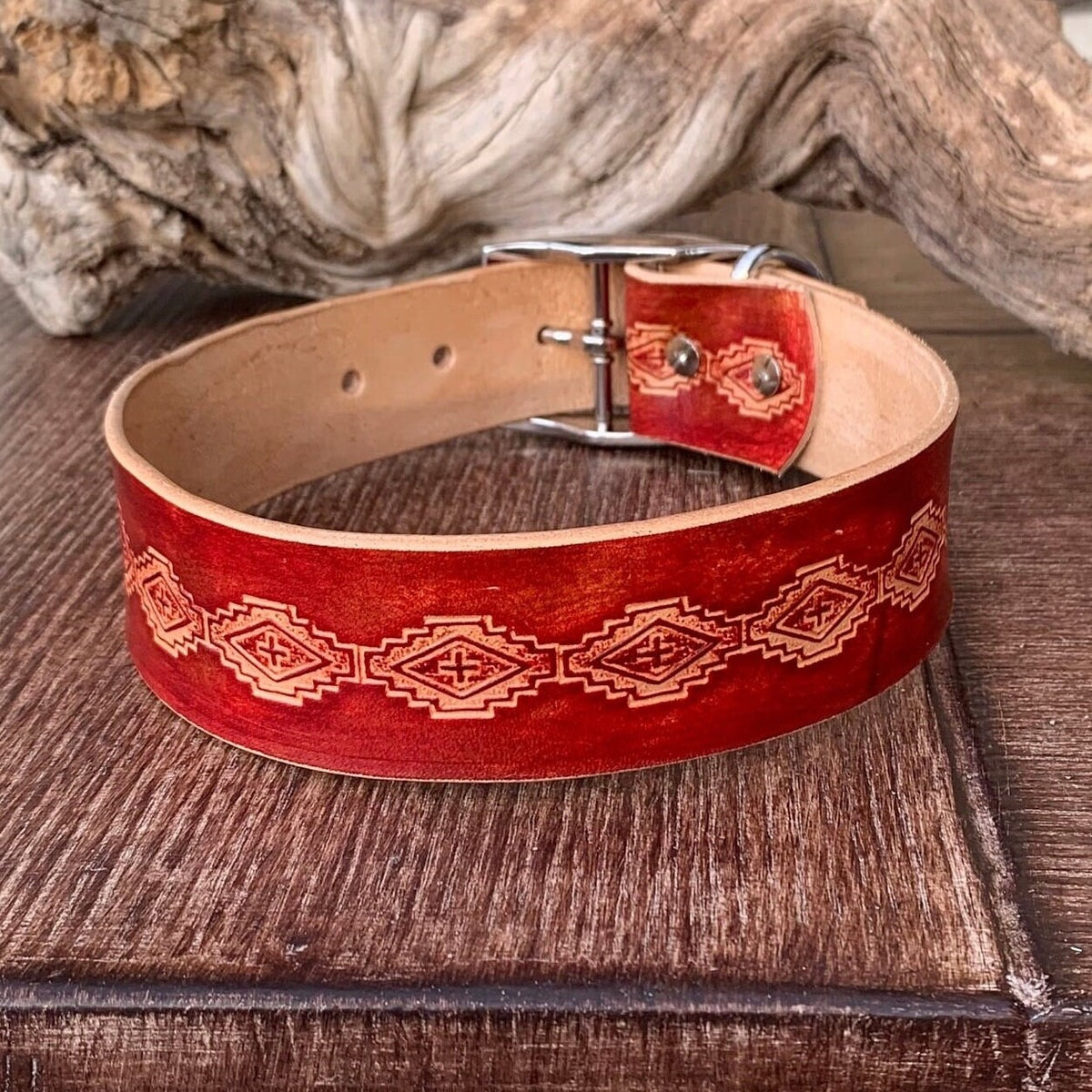 Wide leather dog collar, red with tribal design, everyday collar.