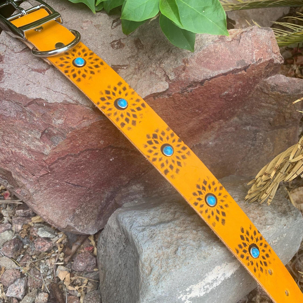 Yellow Leather Dog Collar: Southwestern Style with Turquoise Stones