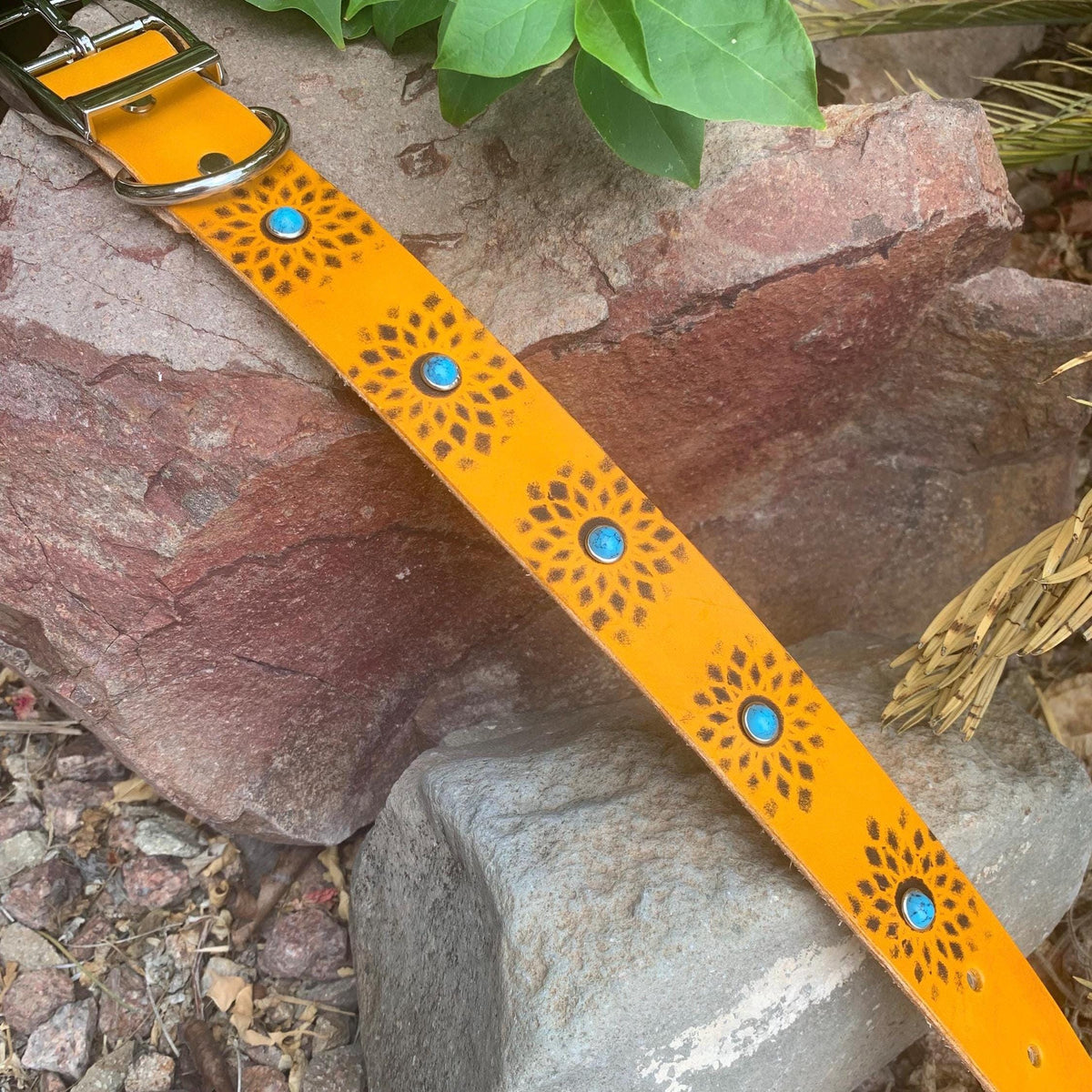 Yellow Leather Dog Collar: Southwestern Style with Turquoise Stones