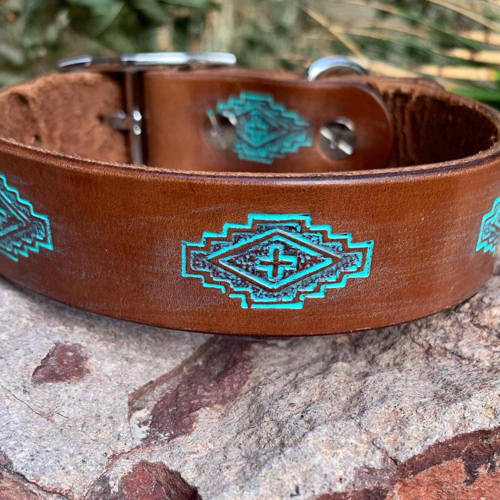 Western style dog collar featuring brown and teal diamond design.