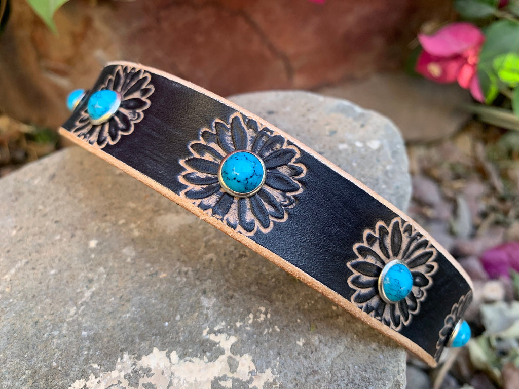 Black Leather Dog Collar: Daisies and Turquoise Stone Rivets