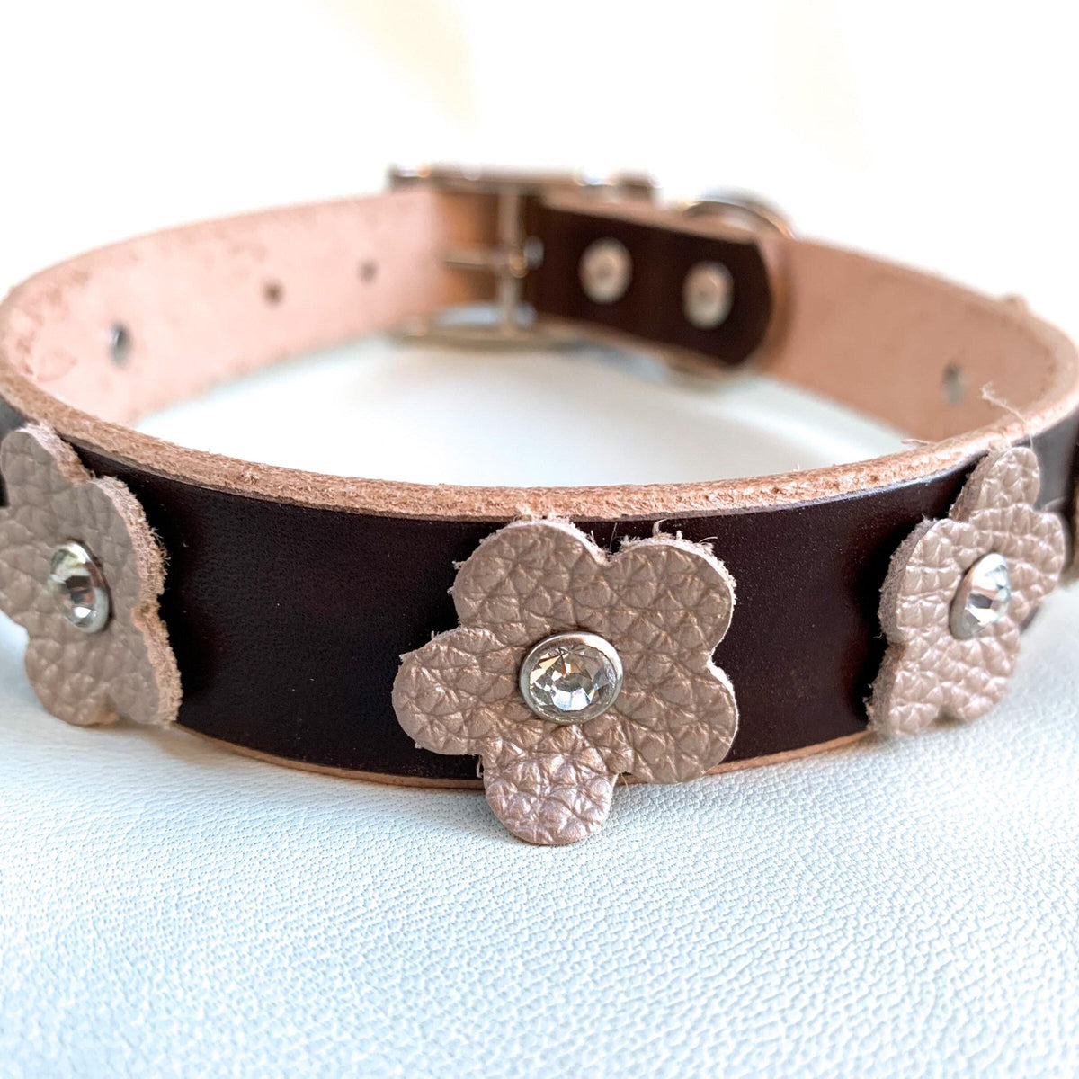 A dark brown leather dog collar textured beige flower appliqués and small rhinestone centers, displayed on a piece of weathered driftwood.