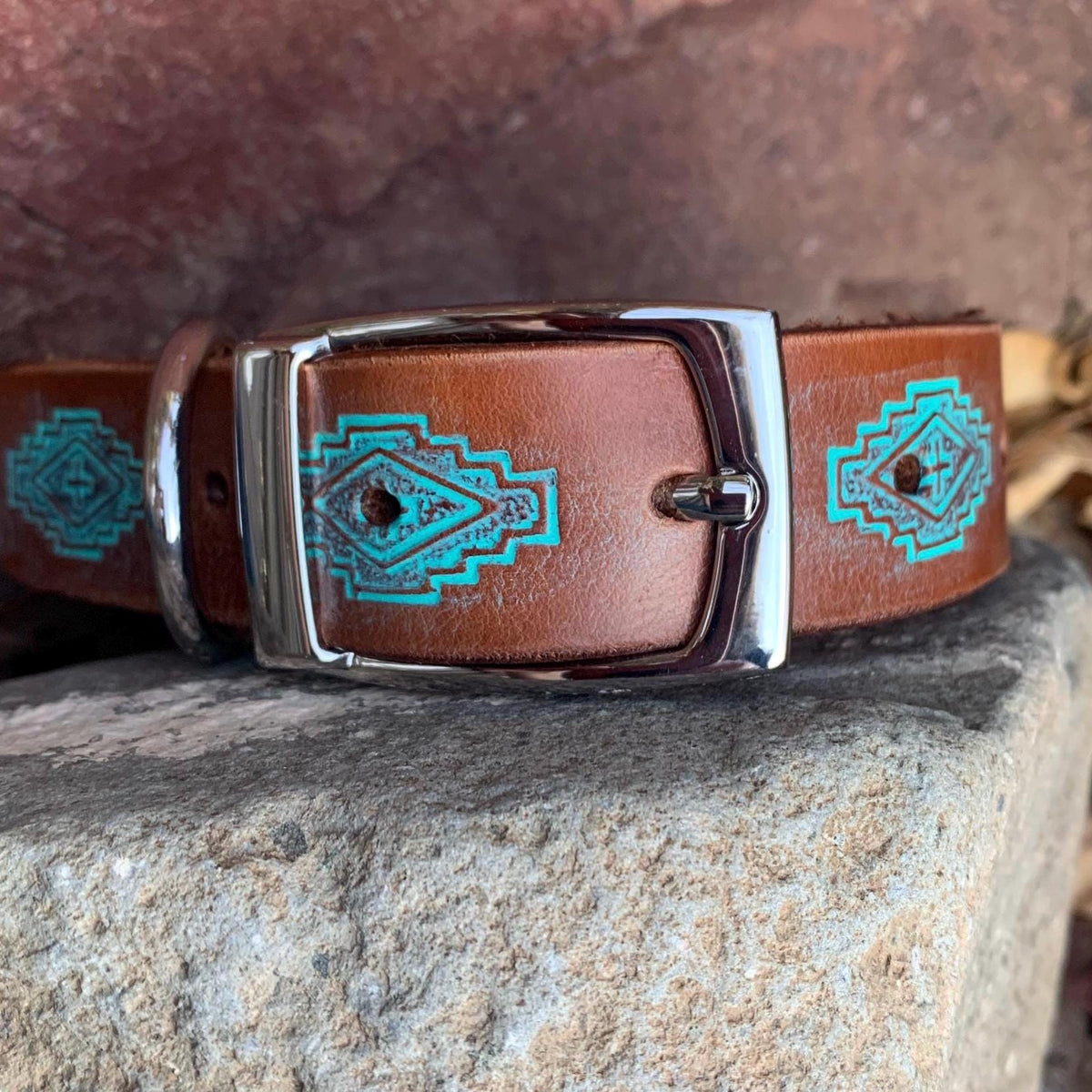 Western style dog collar featuring brown and teal diamond design.