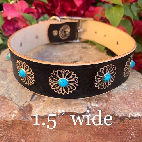 Black Leather Dog Collar: Daisies and Turquoise Stone Rivets